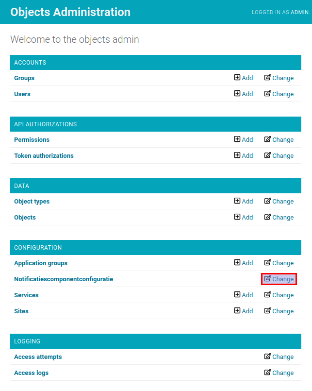 Click on the "change" button next to "Notificatiescomponentconfiguratie"