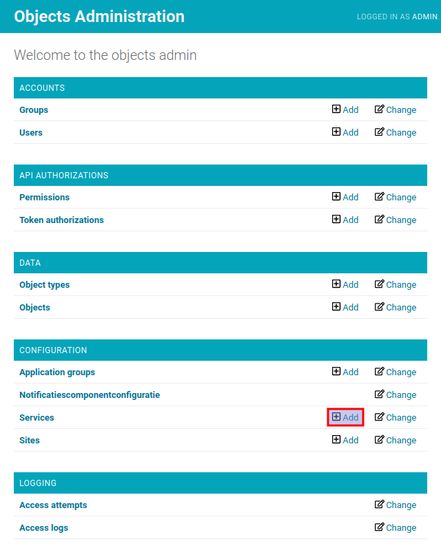 Click on the "add" button next to "Services"